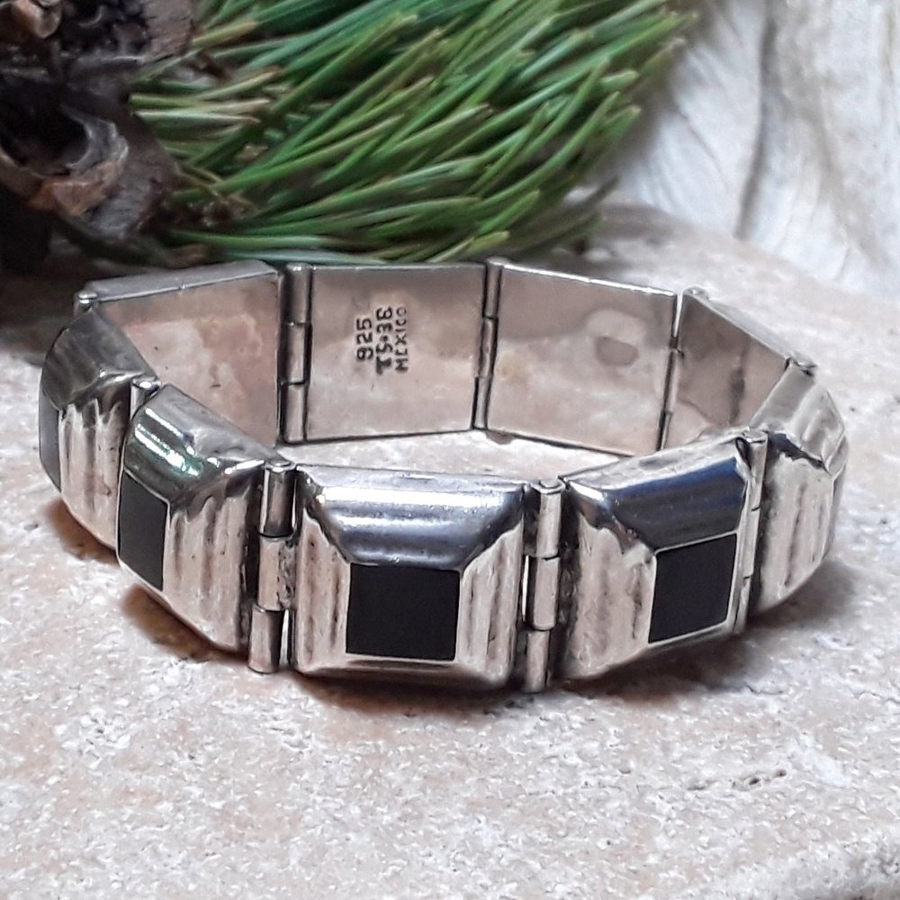 Vintage Sterling Mexican Onyx Paneled Bracelet Modernist Design